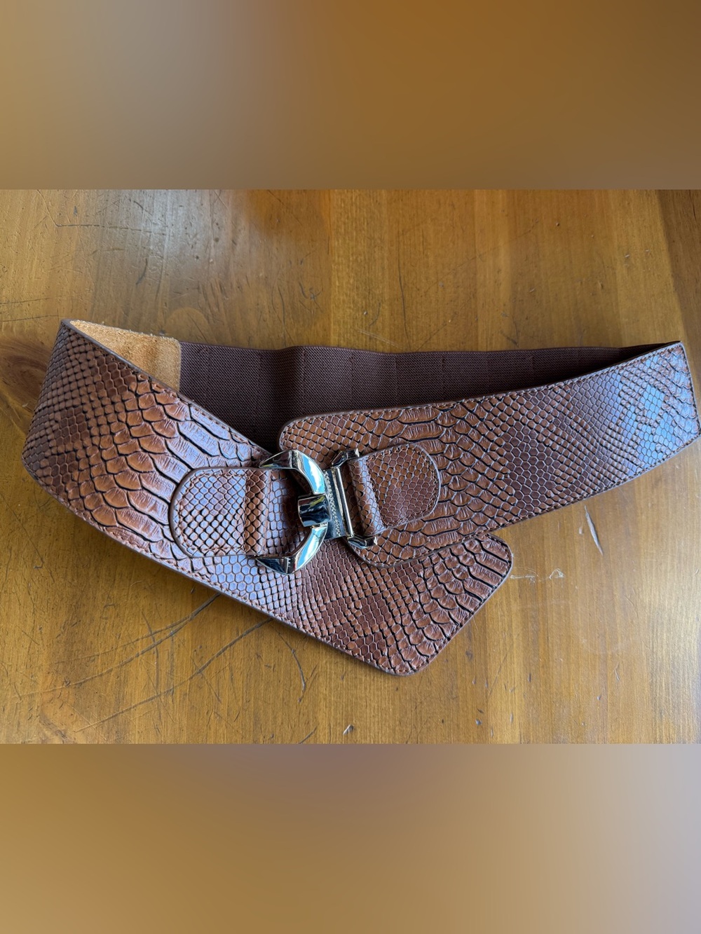Brown Faux Snakeskin Wide Stretch Waist Belt Statement Buckle Boho